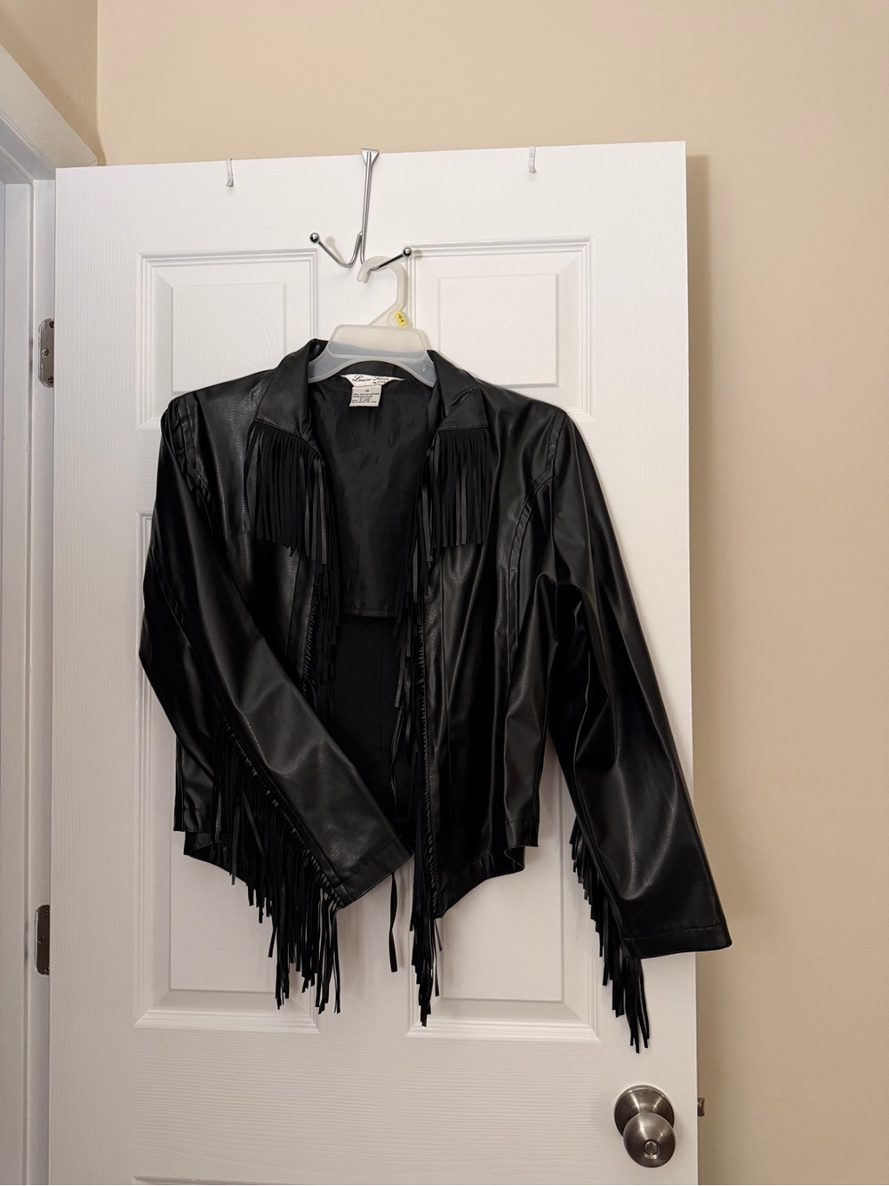 Black Faux Leather Fringe Jacket for Women